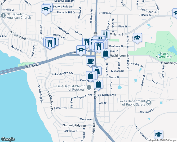 map of restaurants, bars, coffee shops, grocery stores, and more near 323 Lake Meadows Drive in Rockwall