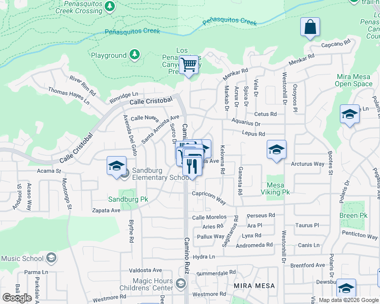 map of restaurants, bars, coffee shops, grocery stores, and more near 8352 Menkar Road in San Diego