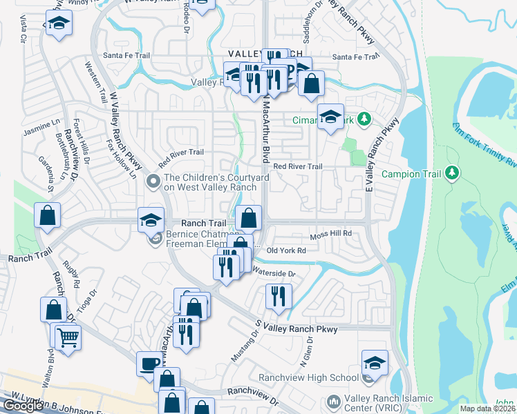 map of restaurants, bars, coffee shops, grocery stores, and more near 519 Ranch Trail in Irving