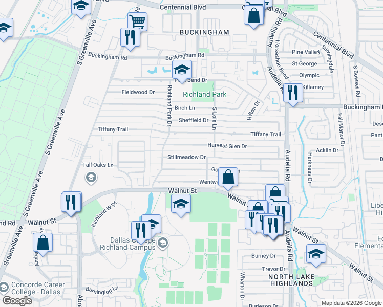map of restaurants, bars, coffee shops, grocery stores, and more near 519 Stillmeadow Drive in Richardson
