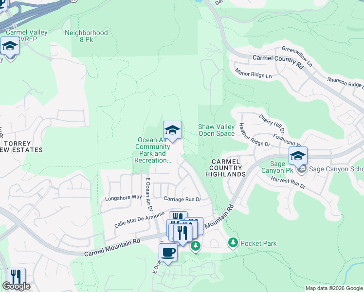 map of restaurants, bars, coffee shops, grocery stores, and more near 11444 Canter Heights Drive in San Diego