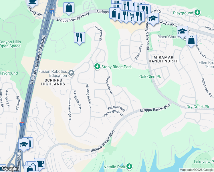 map of restaurants, bars, coffee shops, grocery stores, and more near 11533 Swan Lake Drive in San Diego