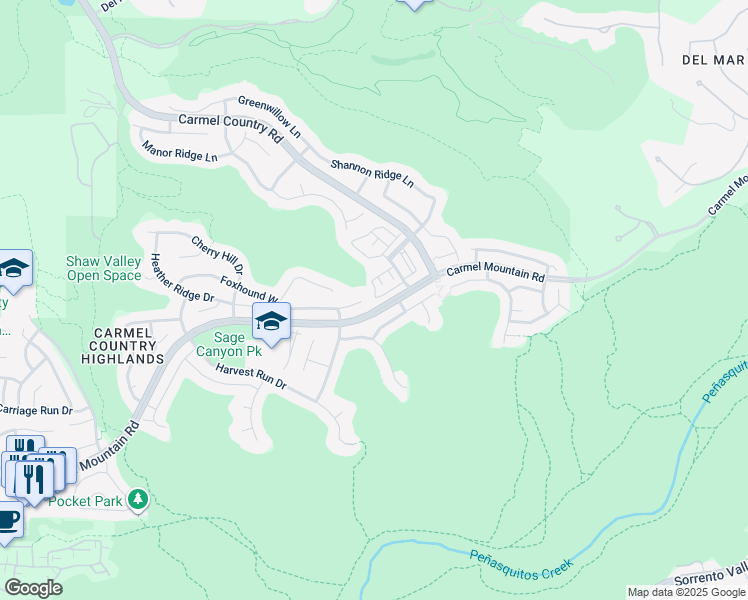 map of restaurants, bars, coffee shops, grocery stores, and more near 92 Carmel Mountain Road in San Diego