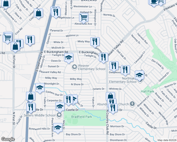 map of restaurants, bars, coffee shops, grocery stores, and more near 1101 Whiteoak Drive in Garland