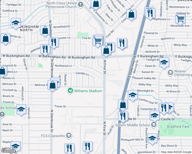map of restaurants, bars, coffee shops, grocery stores, and more near 110 Lucinda Drive in Garland