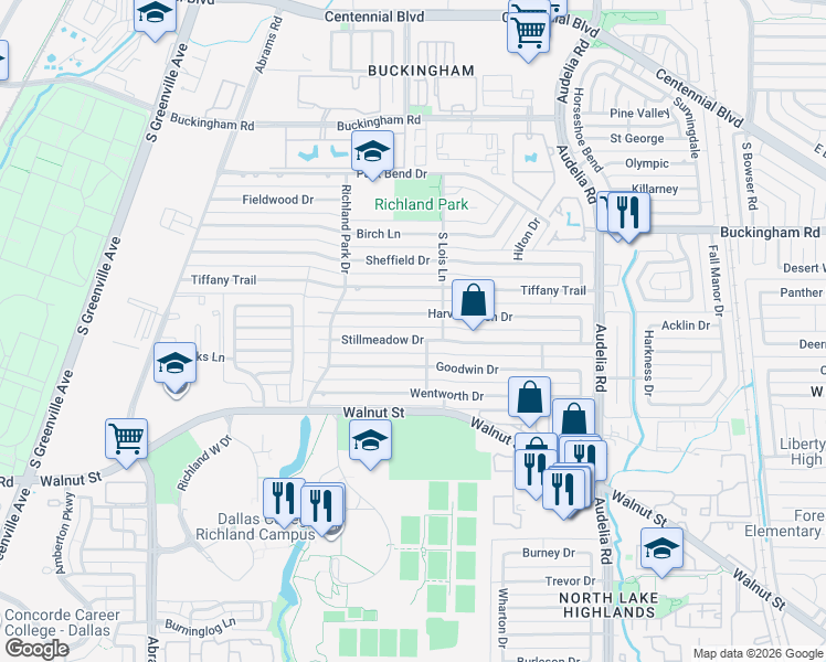 map of restaurants, bars, coffee shops, grocery stores, and more near 519 Stillmeadow Drive in Richardson