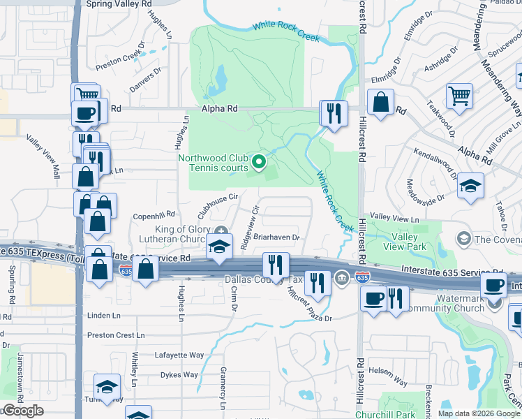 map of restaurants, bars, coffee shops, grocery stores, and more near 6525 Stonebrook Circle in Dallas