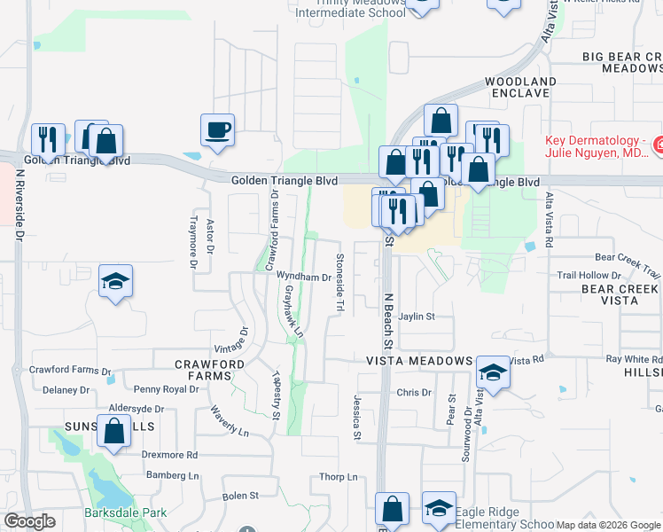 map of restaurants, bars, coffee shops, grocery stores, and more near 10608 StonesideTrail in Fort Worth