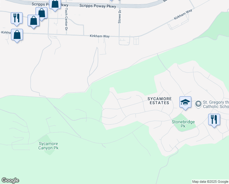 map of restaurants, bars, coffee shops, grocery stores, and more near 11587 Carowind Lane in San Diego