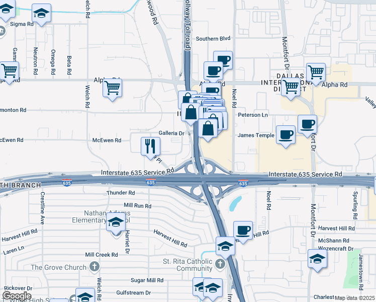 map of restaurants, bars, coffee shops, grocery stores, and more near 13425 Dallas Parkway in Farmers Branch
