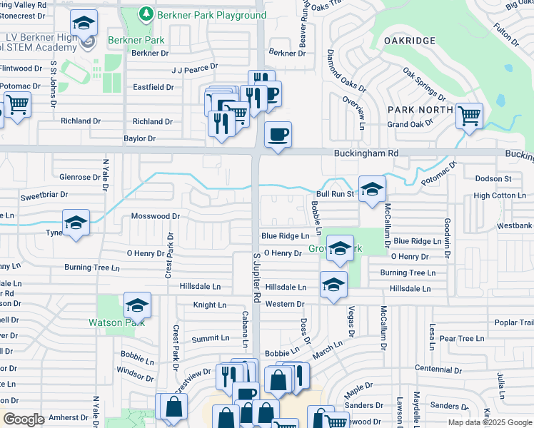 map of restaurants, bars, coffee shops, grocery stores, and more near 1610 North Jupiter Road in Garland