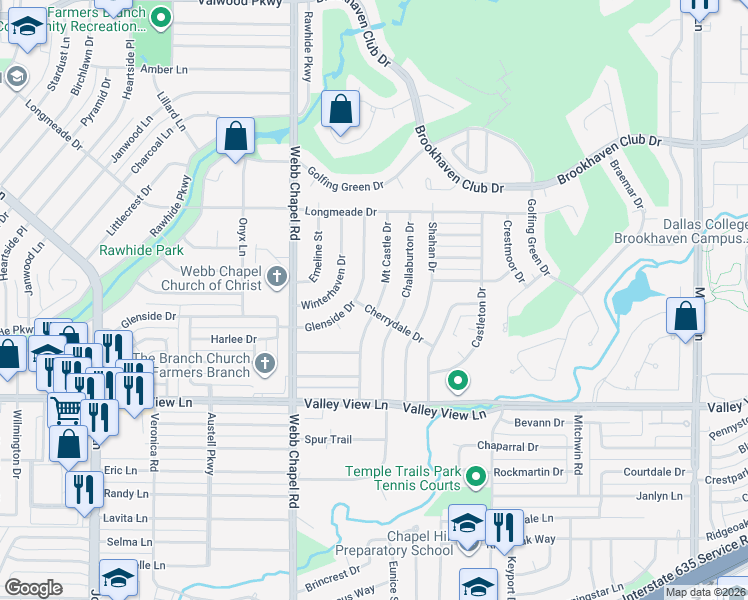 map of restaurants, bars, coffee shops, grocery stores, and more near 13404 Glenside Drive in Farmers Branch