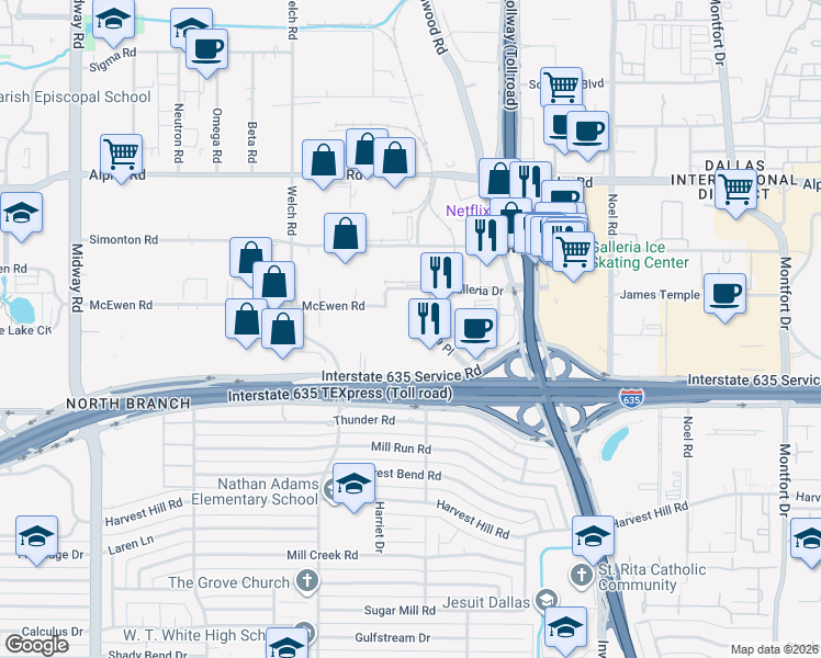 map of restaurants, bars, coffee shops, grocery stores, and more near 13301 Galleria Place in Farmers Branch