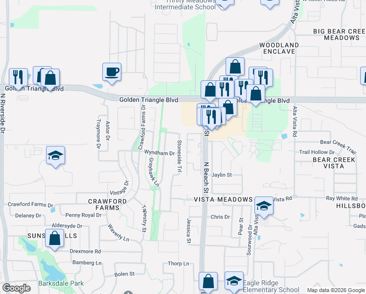 map of restaurants, bars, coffee shops, grocery stores, and more near 10608 StonesideTrail in Fort Worth