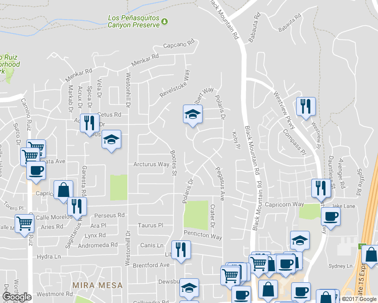 map of restaurants, bars, coffee shops, grocery stores, and more near 11377 Dalby Place in San Diego