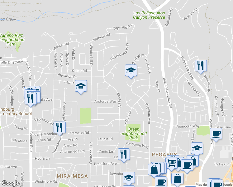 map of restaurants, bars, coffee shops, grocery stores, and more near 8890 Cassioepia Way in San Diego