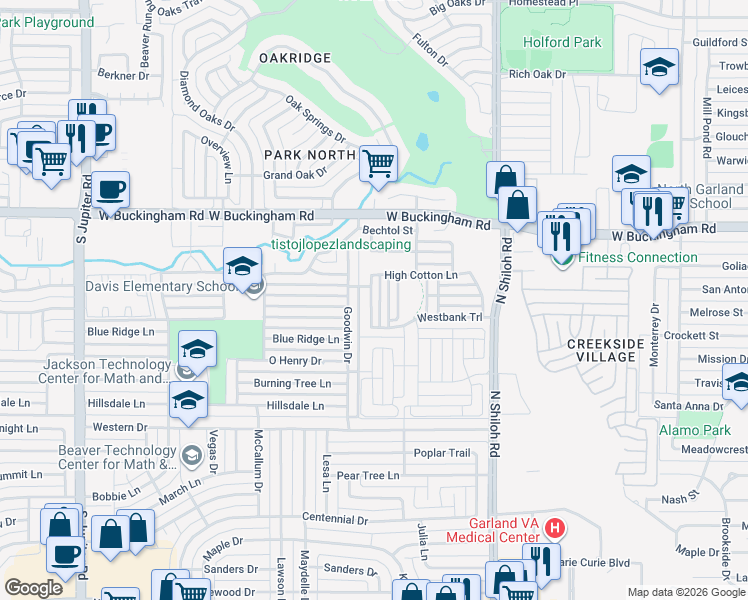 map of restaurants, bars, coffee shops, grocery stores, and more near 1638 Goodfield Lane in Garland