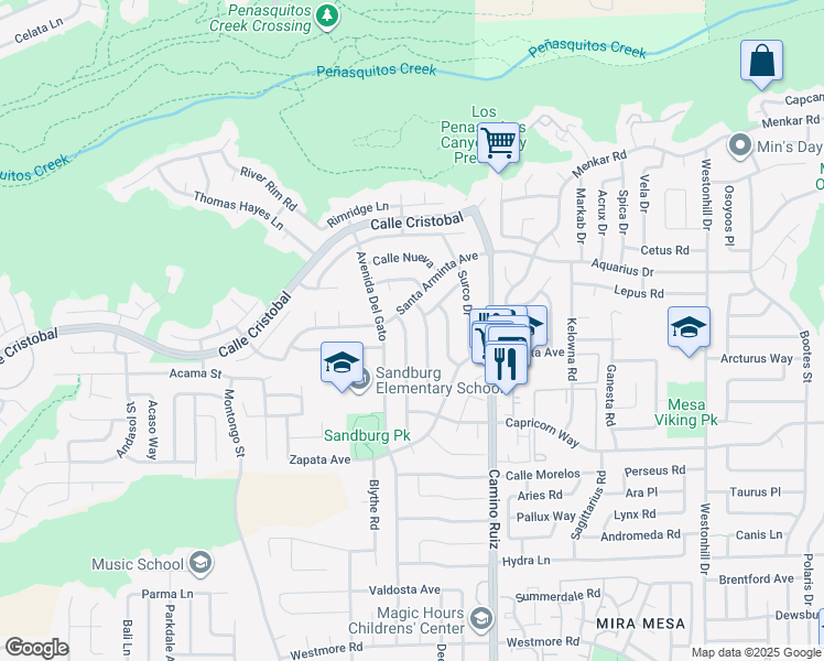 map of restaurants, bars, coffee shops, grocery stores, and more near 11339 Calle Dario in San Diego
