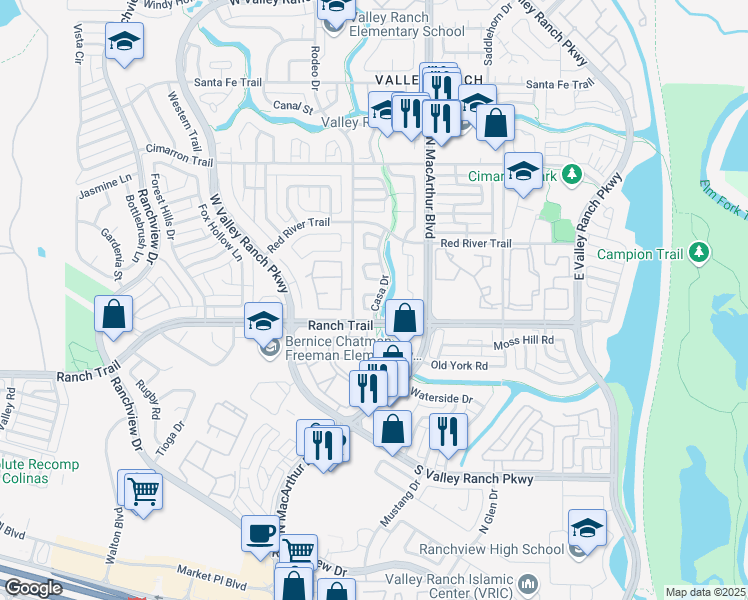 map of restaurants, bars, coffee shops, grocery stores, and more near 610 Rancho Circle in Irving