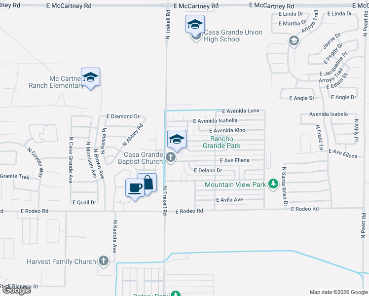 map of restaurants, bars, coffee shops, grocery stores, and more near 1135 East Avenida Fresca in Casa Grande