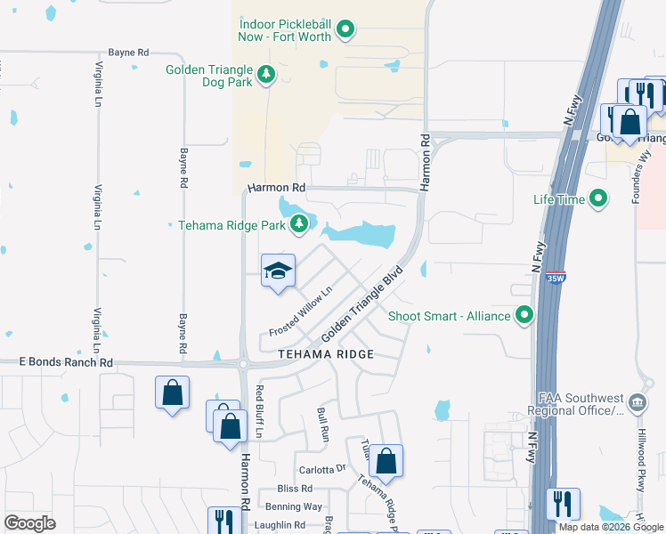map of restaurants, bars, coffee shops, grocery stores, and more near 2132 Stoney Gorge Road in Fort Worth