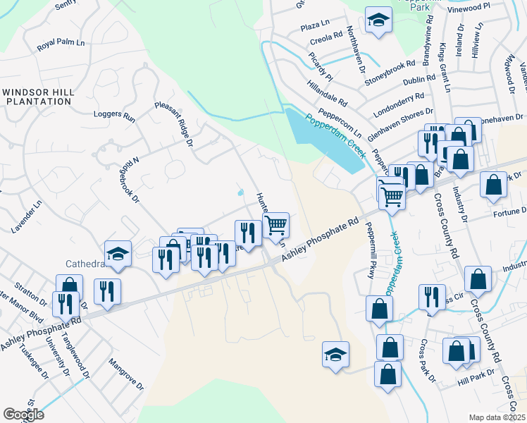 map of restaurants, bars, coffee shops, grocery stores, and more near 7597 Hunters Ridge Lane in North Charleston