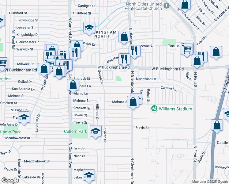 map of restaurants, bars, coffee shops, grocery stores, and more near 905 Alamo Lane in Garland