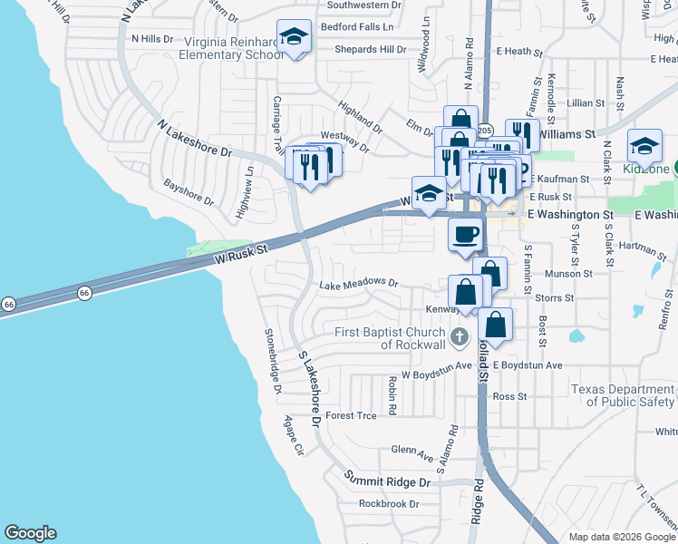 map of restaurants, bars, coffee shops, grocery stores, and more near 703 Lake Meadows Court in Rockwall