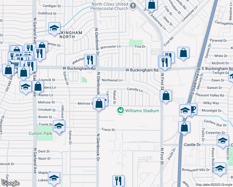 map of restaurants, bars, coffee shops, grocery stores, and more near 1609 Rahall Street in Garland