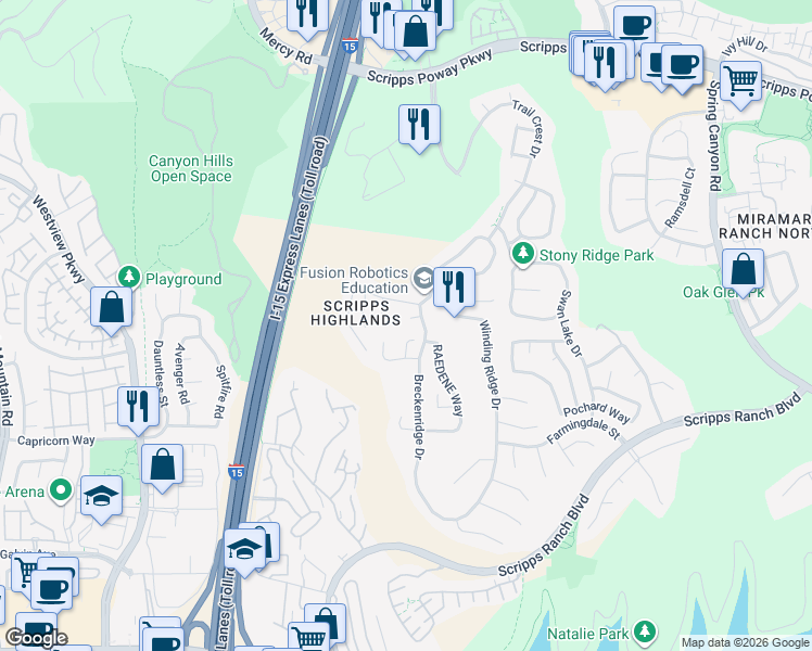 map of restaurants, bars, coffee shops, grocery stores, and more near 10381 Wellsona Court in San Diego