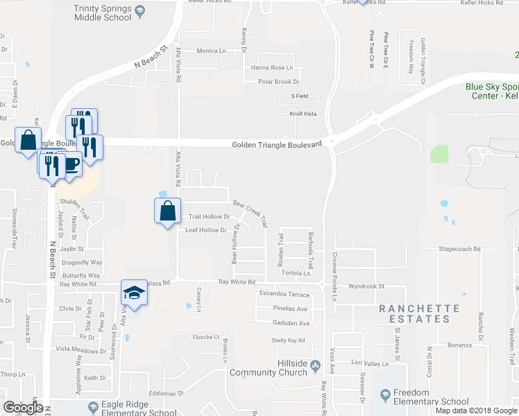 map of restaurants, bars, coffee shops, grocery stores, and more near 10448 Bear Creek Trail in Fort Worth
