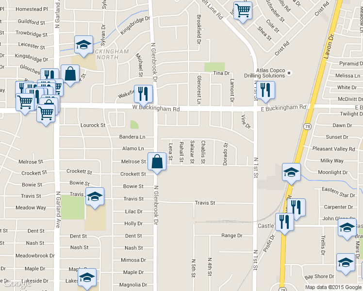 map of restaurants, bars, coffee shops, grocery stores, and more near 1609 Rahall St in Garland