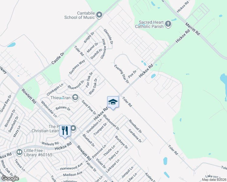 map of restaurants, bars, coffee shops, grocery stores, and more near 2906 Toler Road in Rowlett