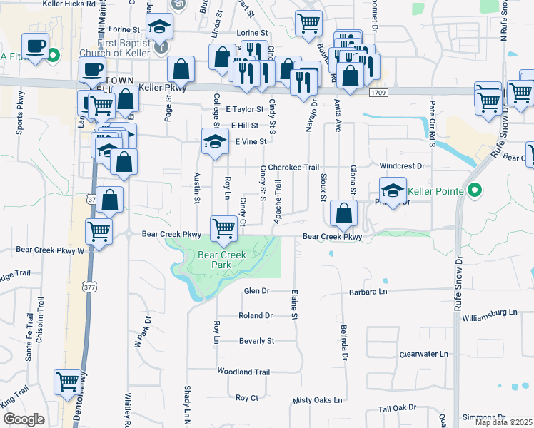map of restaurants, bars, coffee shops, grocery stores, and more near 340 Cindy Street South in Keller