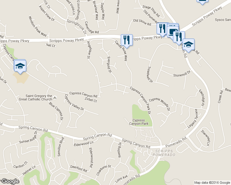 map of restaurants, bars, coffee shops, grocery stores, and more near 12193 Libelle Court in San Diego