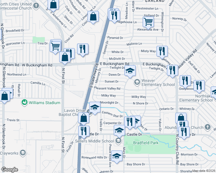 map of restaurants, bars, coffee shops, grocery stores, and more near 605 Pleasant Valley Road in Garland