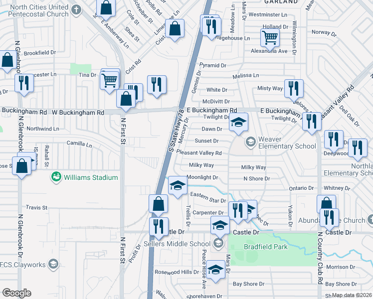 map of restaurants, bars, coffee shops, grocery stores, and more near 1802 Mercury Drive in Garland