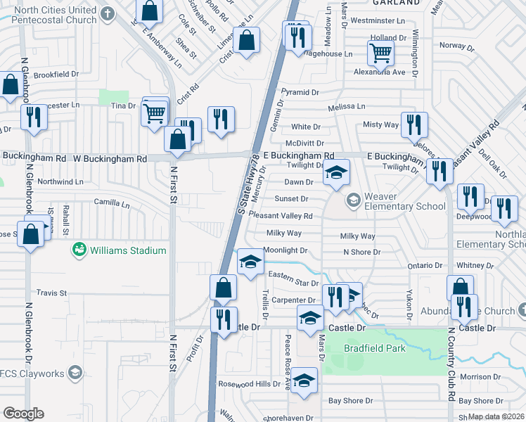 map of restaurants, bars, coffee shops, grocery stores, and more near 1802 Mercury Drive in Garland
