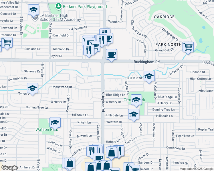 map of restaurants, bars, coffee shops, grocery stores, and more near 1610 North Jupiter Road in Garland