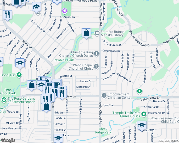 map of restaurants, bars, coffee shops, grocery stores, and more near 13223 Glenside Drive in Farmers Branch