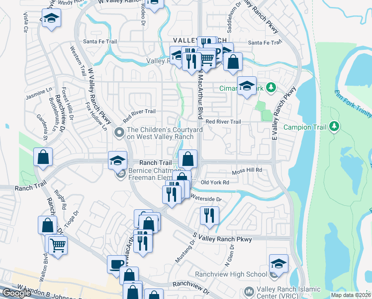 map of restaurants, bars, coffee shops, grocery stores, and more near 610 Rancho Circle in Irving