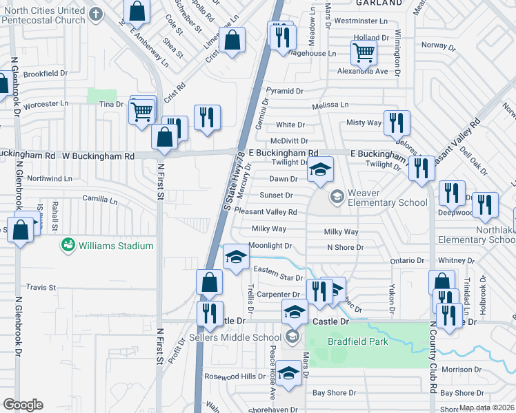 map of restaurants, bars, coffee shops, grocery stores, and more near 605 Pleasant Valley Road in Garland