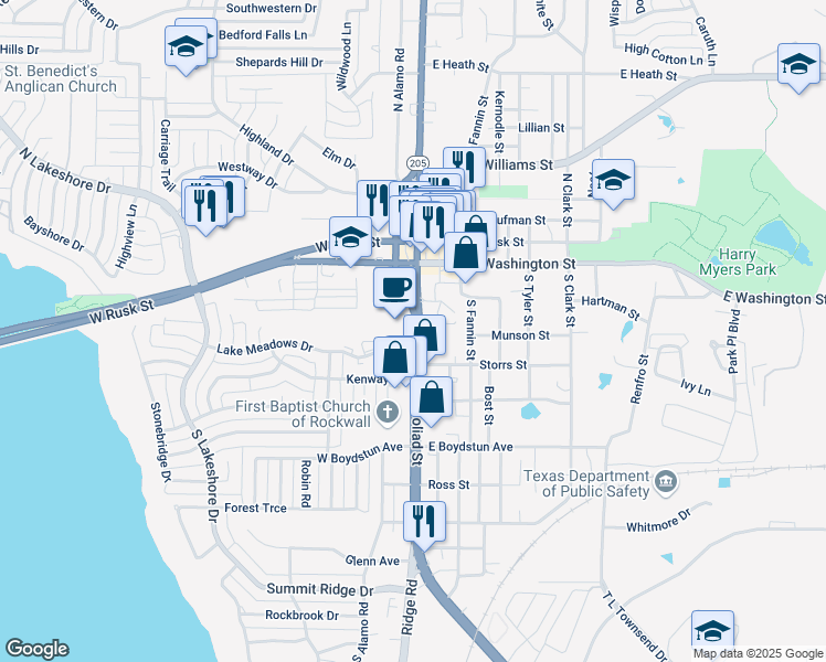 map of restaurants, bars, coffee shops, grocery stores, and more near 318 South Goliad Street in Rockwall