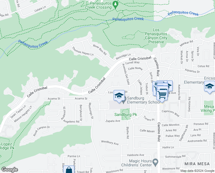 map of restaurants, bars, coffee shops, grocery stores, and more near 8022 Santa Arminta Avenue in San Diego