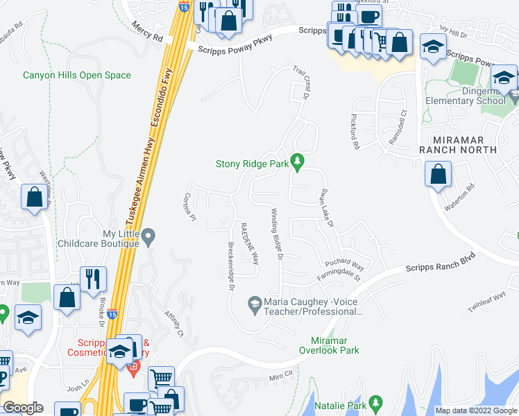 map of restaurants, bars, coffee shops, grocery stores, and more near 11560 Winding Ridge Drive in San Diego