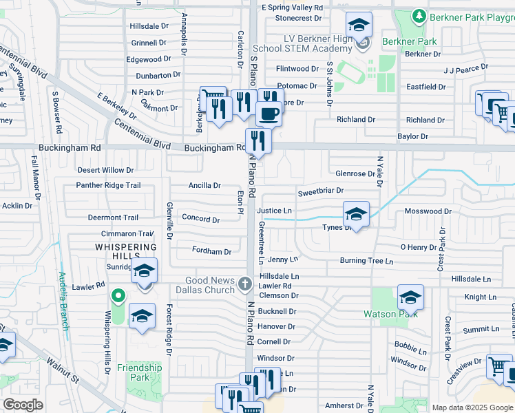 map of restaurants, bars, coffee shops, grocery stores, and more near 4409 Justice Lane in Garland