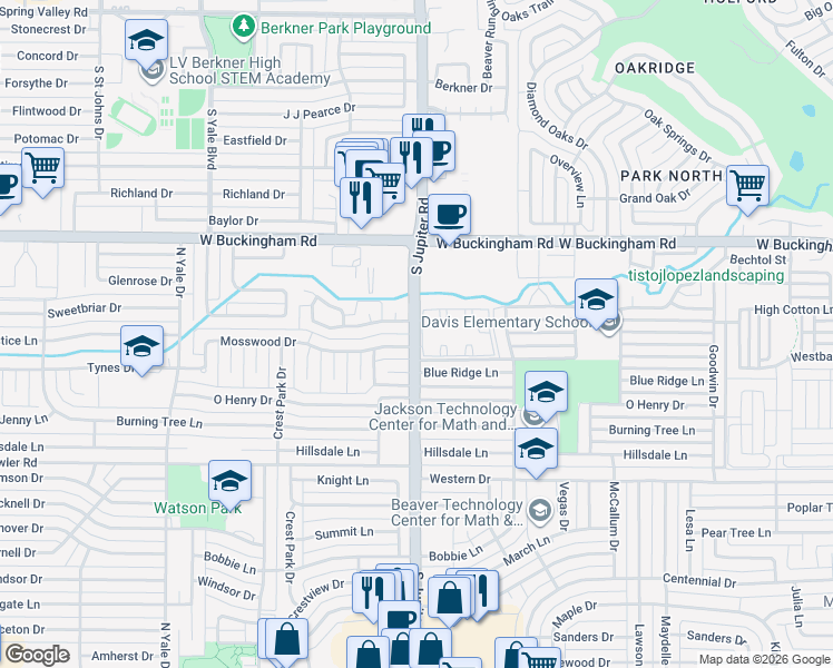 map of restaurants, bars, coffee shops, grocery stores, and more near 1708 North Jupiter Road in Garland