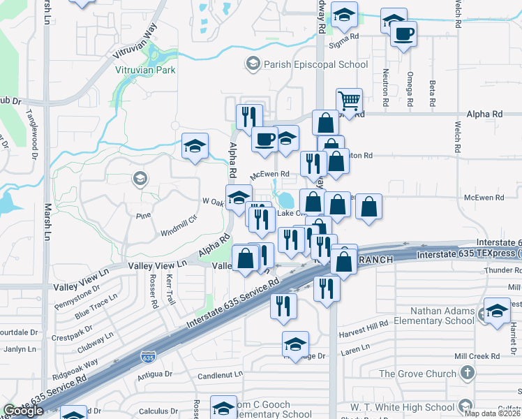 map of restaurants, bars, coffee shops, grocery stores, and more near 4020 McEwen Road in Dallas