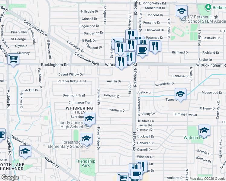 map of restaurants, bars, coffee shops, grocery stores, and more near 4629 Concord Drive in Garland