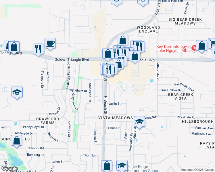 map of restaurants, bars, coffee shops, grocery stores, and more near 10525 Jaybird Drive in Fort Worth